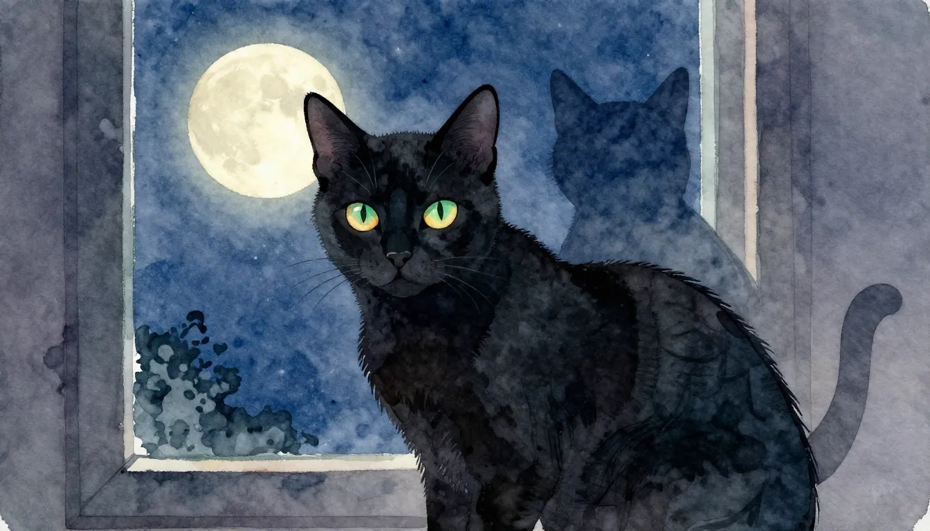 Vibrant watercolor style. Sleek black cat with glowing emera...