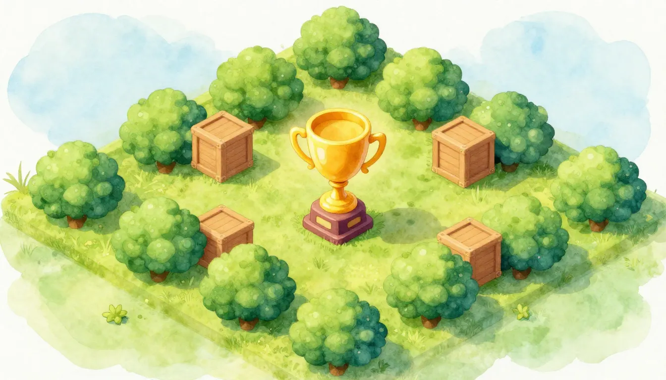 Watercolor style. A vibrant 3D isometric game arena with gre...