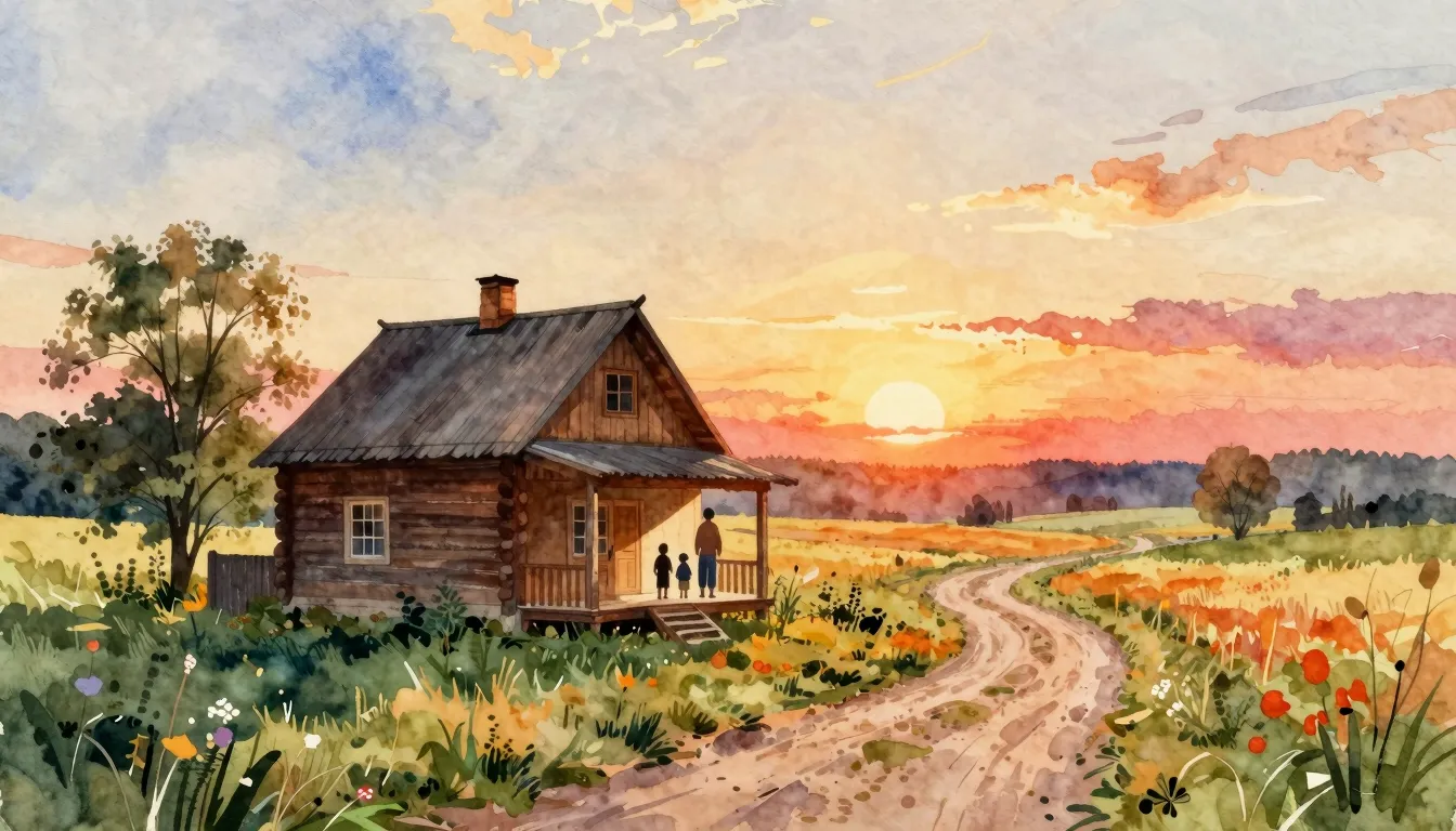 Vibrant watercolor style. Folk song album cover: A serene ru...