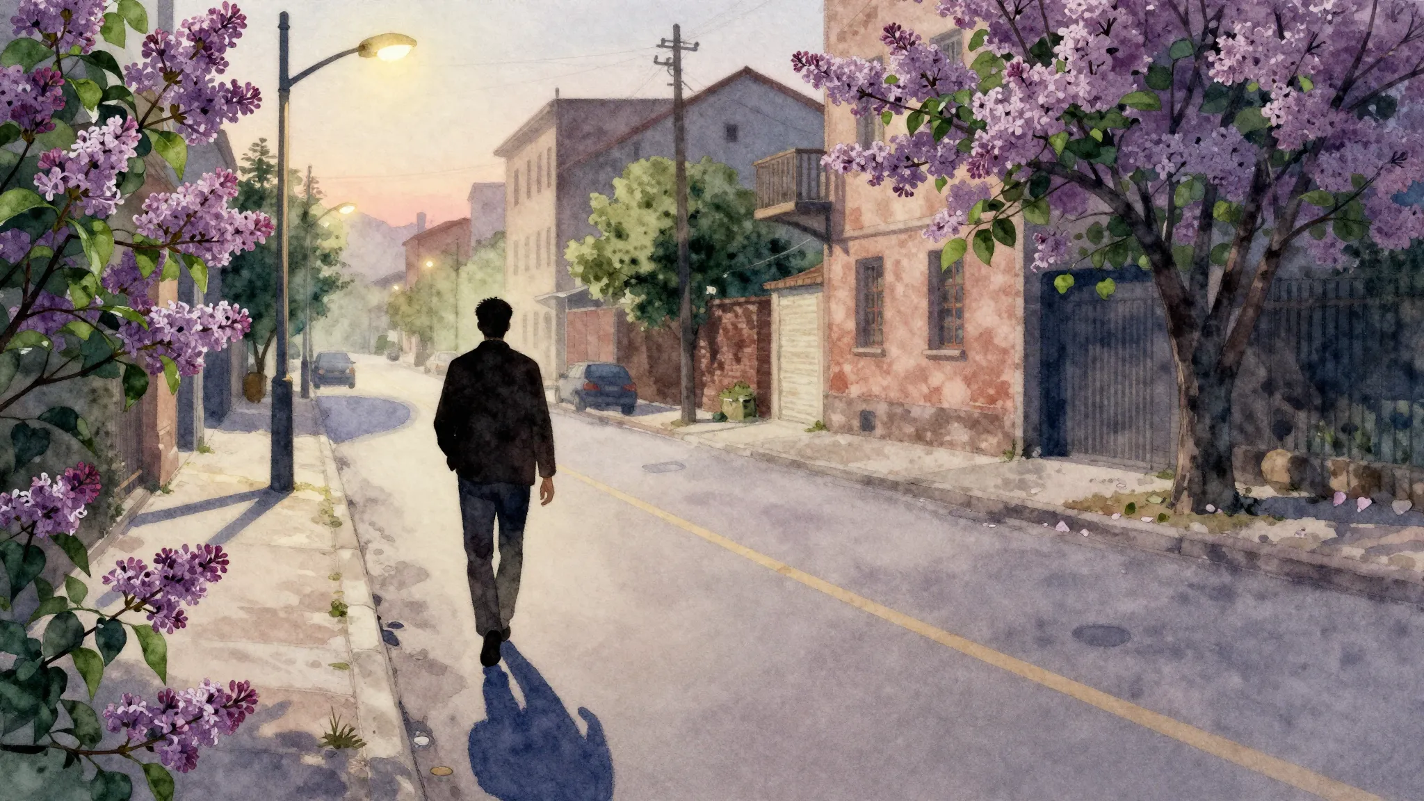 Watercolor style. A silhouette of a man walking down a deser...