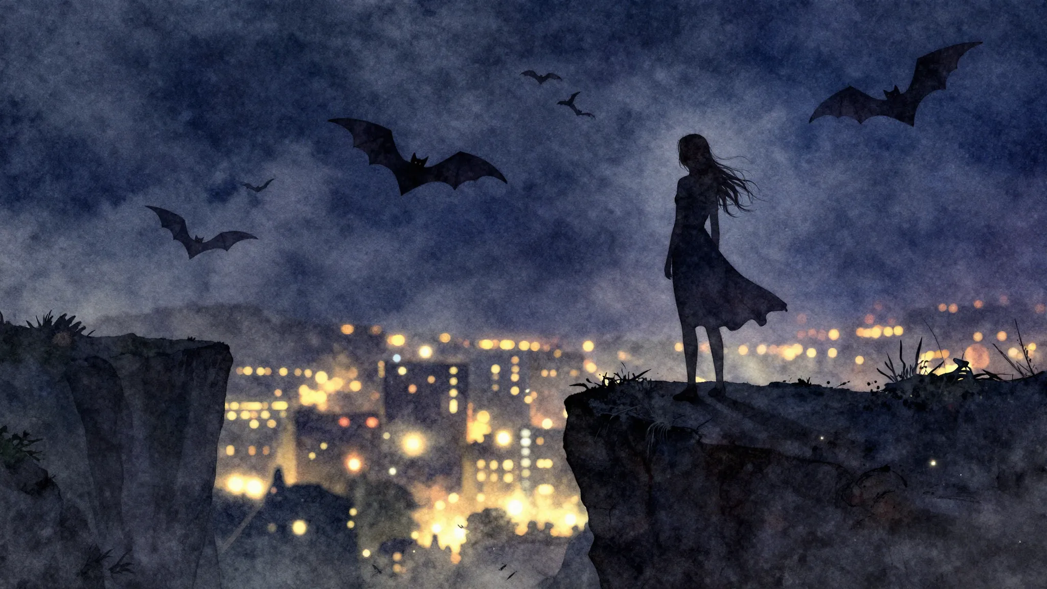 Watercolor style. Silhouette of a woman standing on a high c...