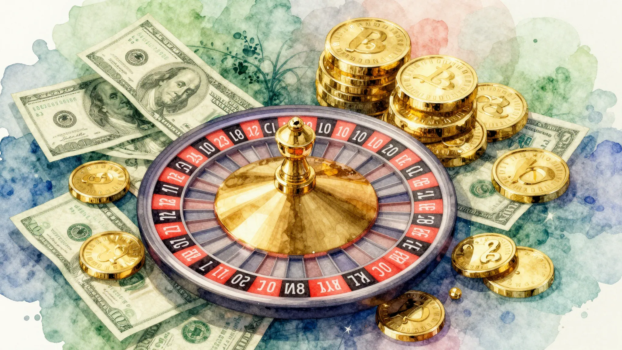 Vibrant watercolor style. Rap album cover: money, gold, time...