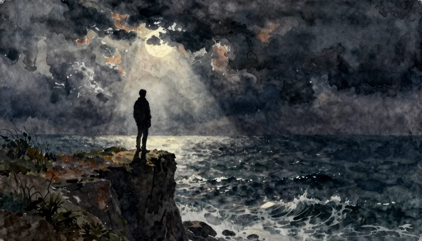Watercolor style. A dramatic silhouette of a person standing...