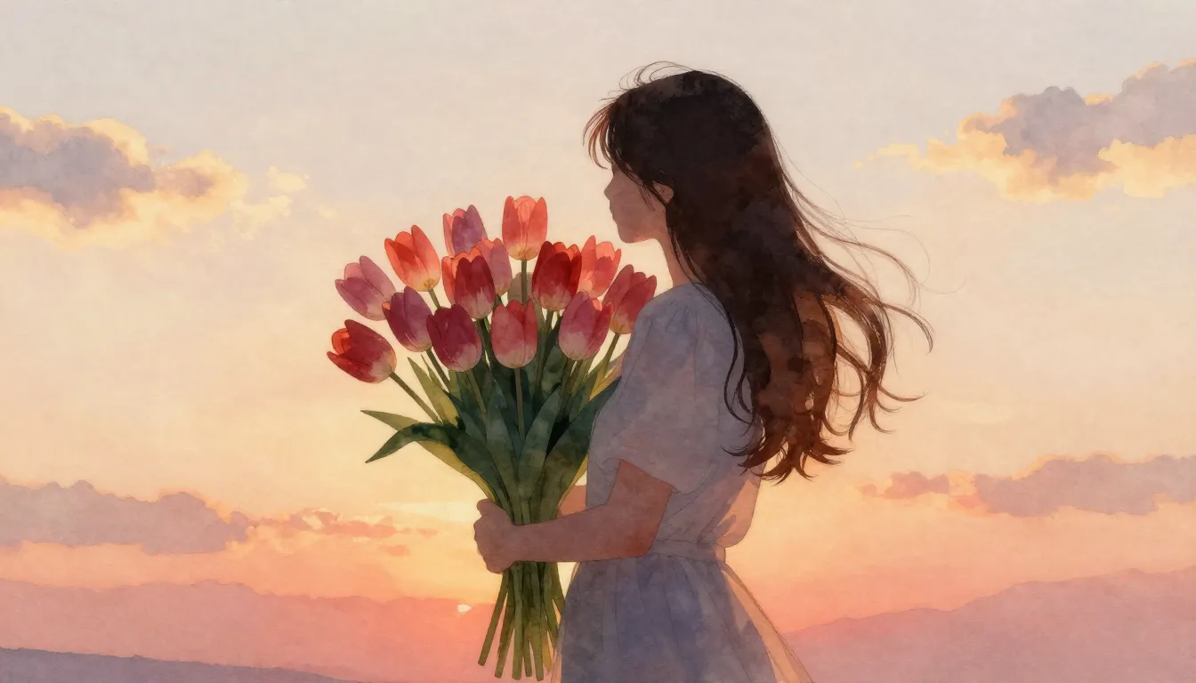 Watercolor style. Silhouette of a woman holding a large bouq...