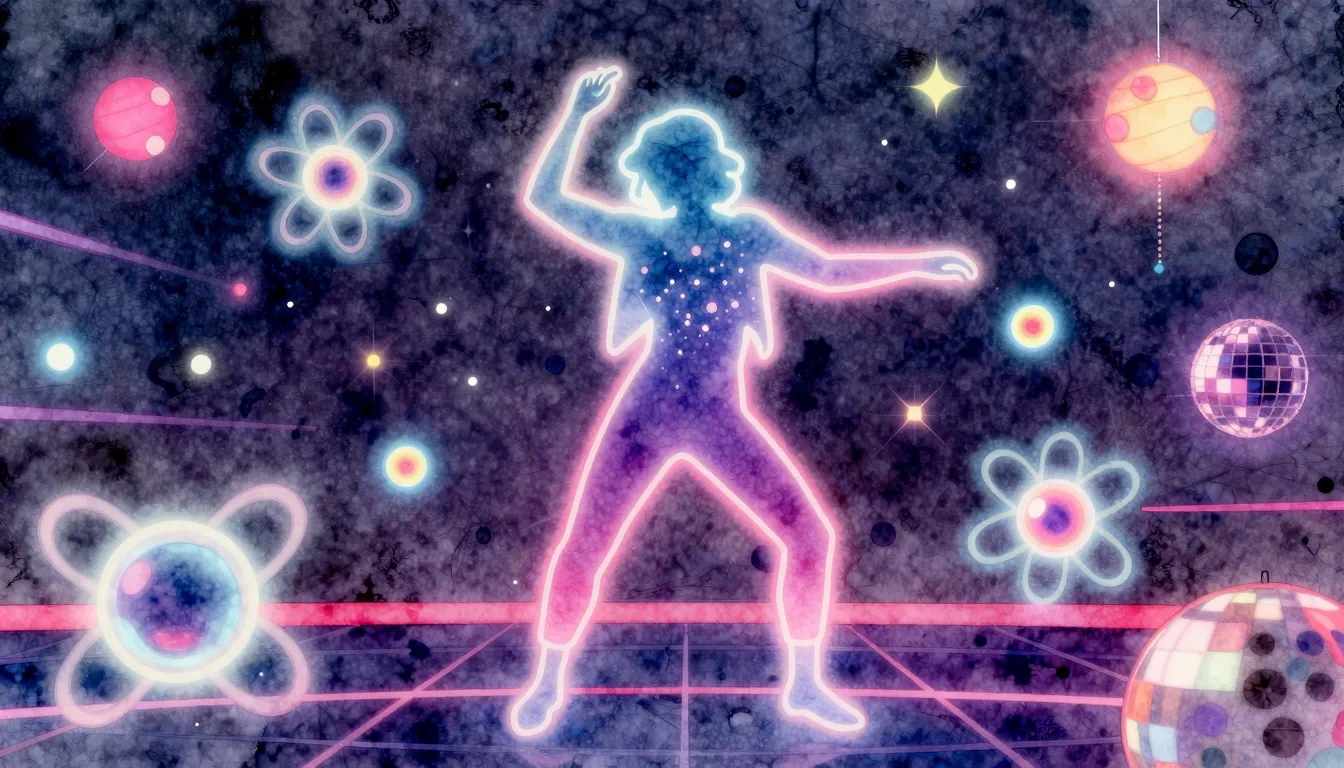 Watercolor style. A glowing neon silhouette of a person danc...