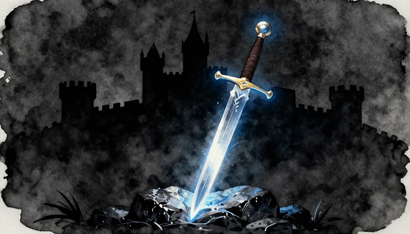 Watercolor style. A shining sword stuck in a dark stone, glo...