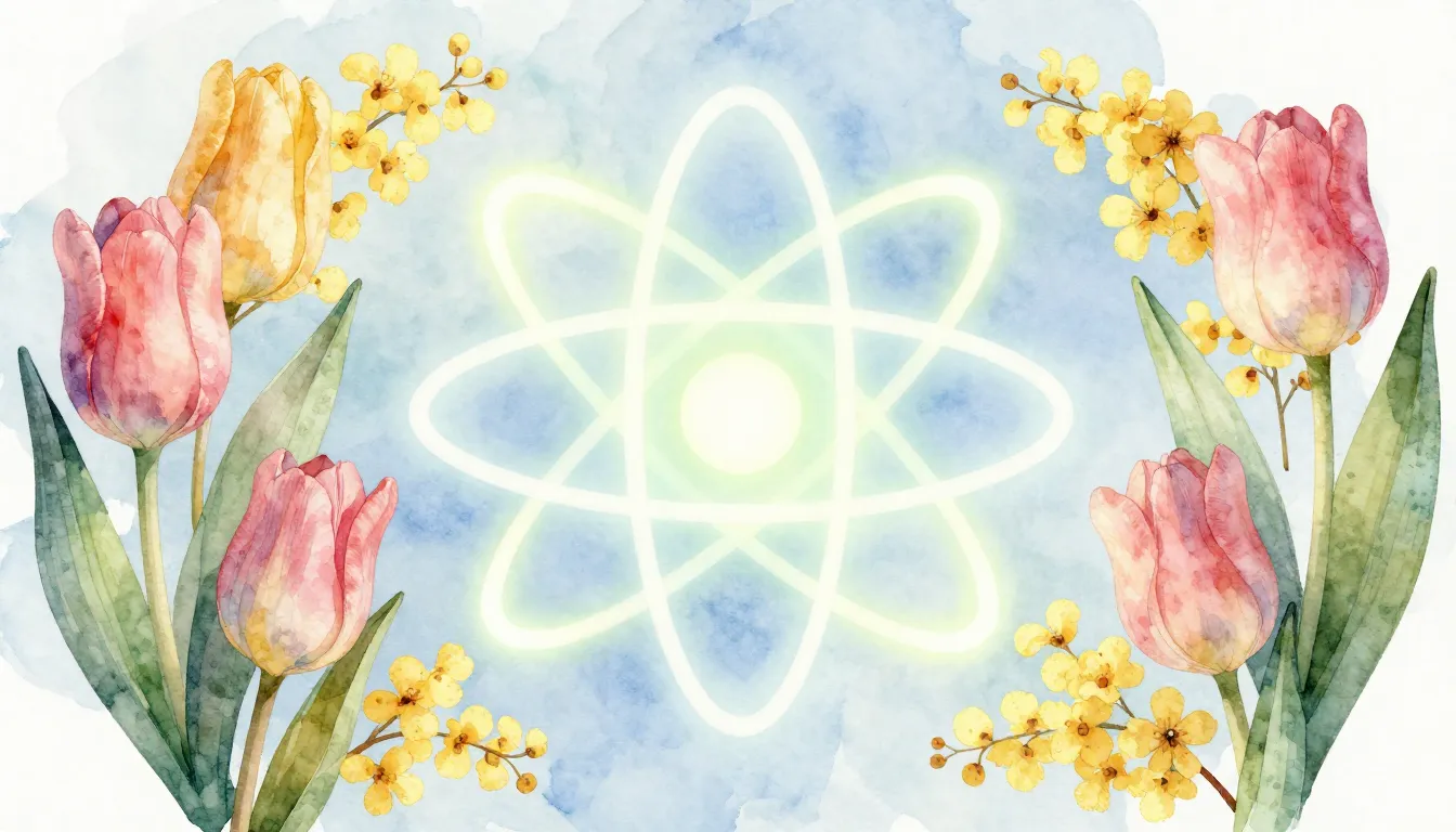 Watercolor style. Stylized glowing atom symbol surrounded by...