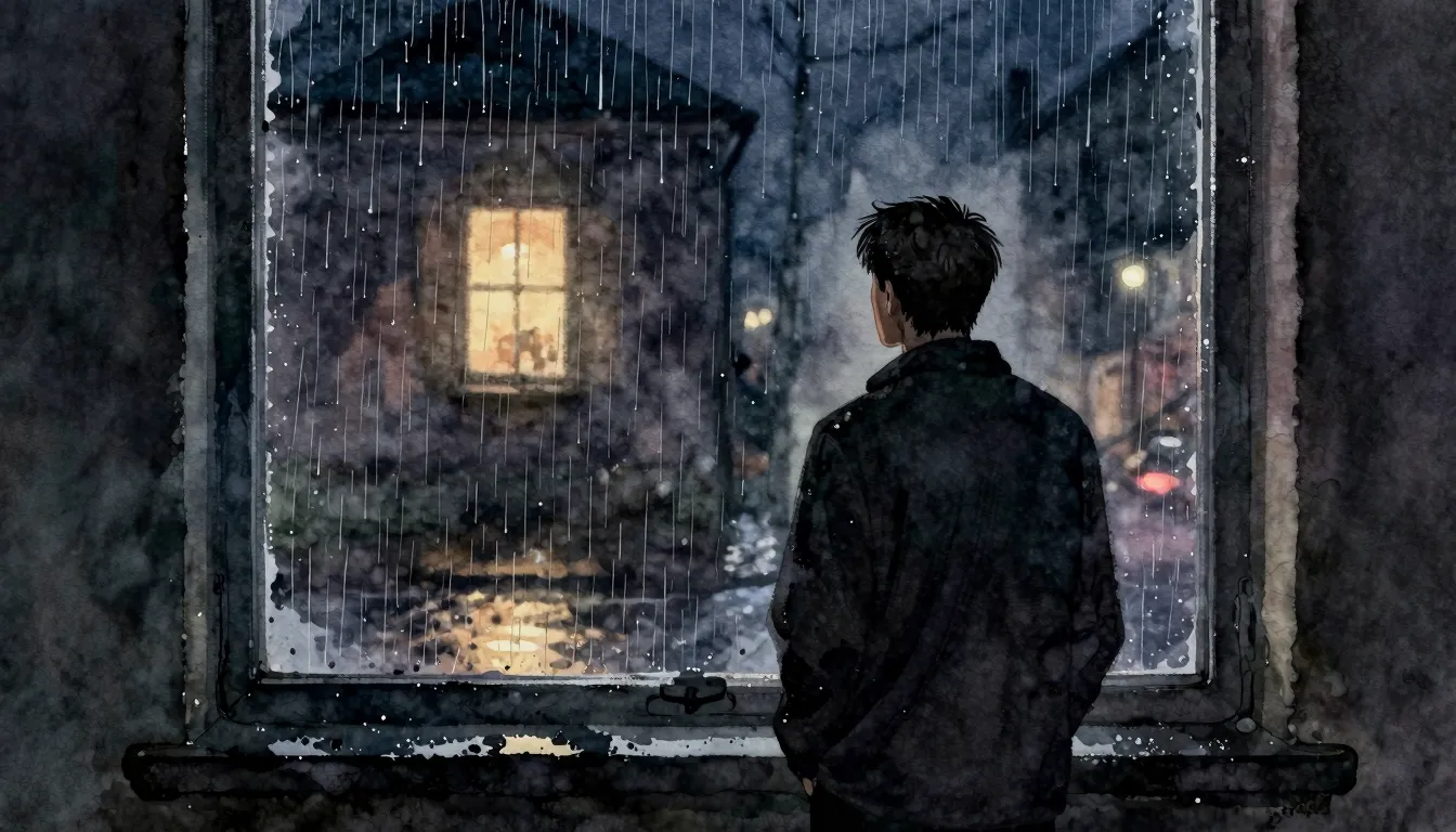 Watercolor style. A lonely silhouette of a man stands by a r...