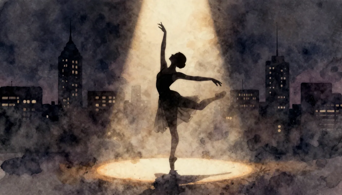 Watercolor style. Silhouette of a graceful dancer in a spotl...