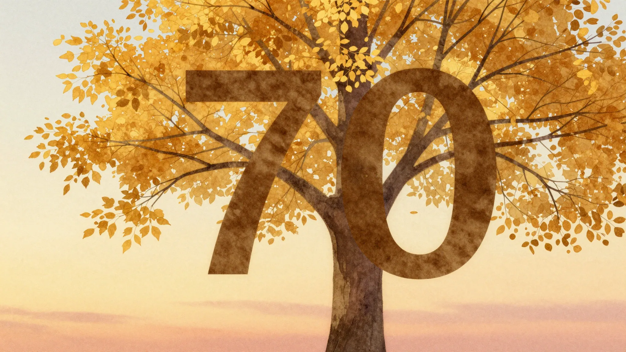 Watercolor style. Silhouette of a tree with 70 golden leaves...