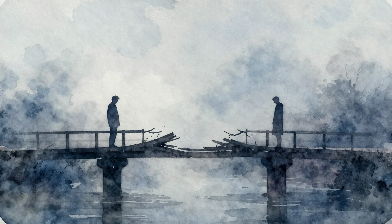 Watercolor style. Silhouette of two figures standing far apa...