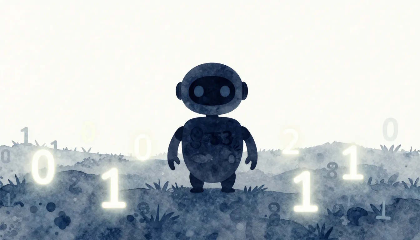 Watercolor style. A silhouette of a small round robot standi...