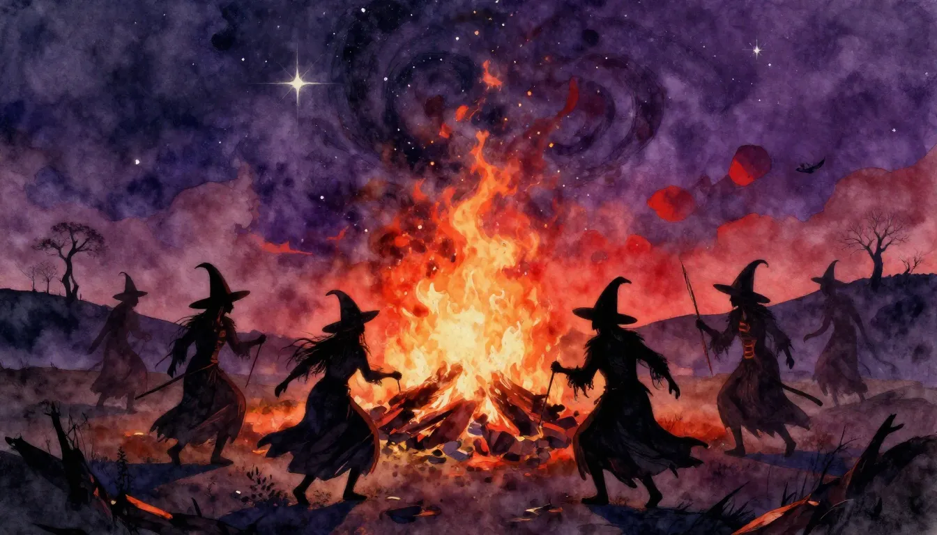 Watercolor style. Dark fantasy landscape, silhouettes of wit...