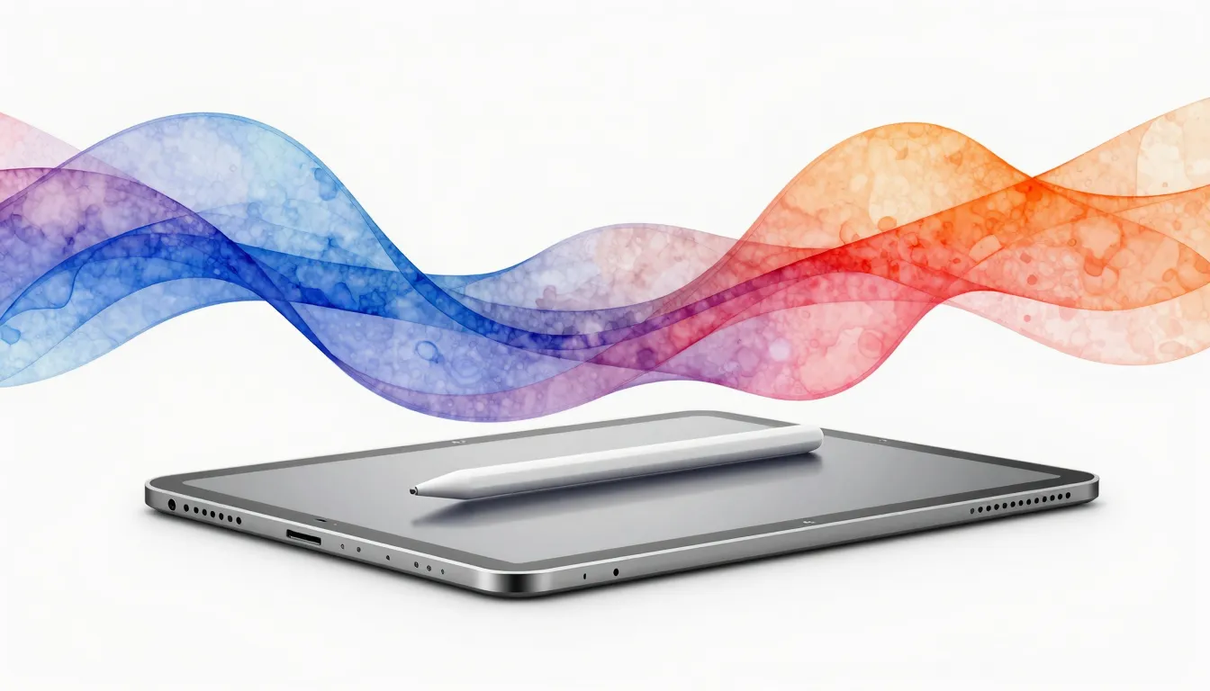 Watercolor style. A modern minimalist workspace, a slim gray...