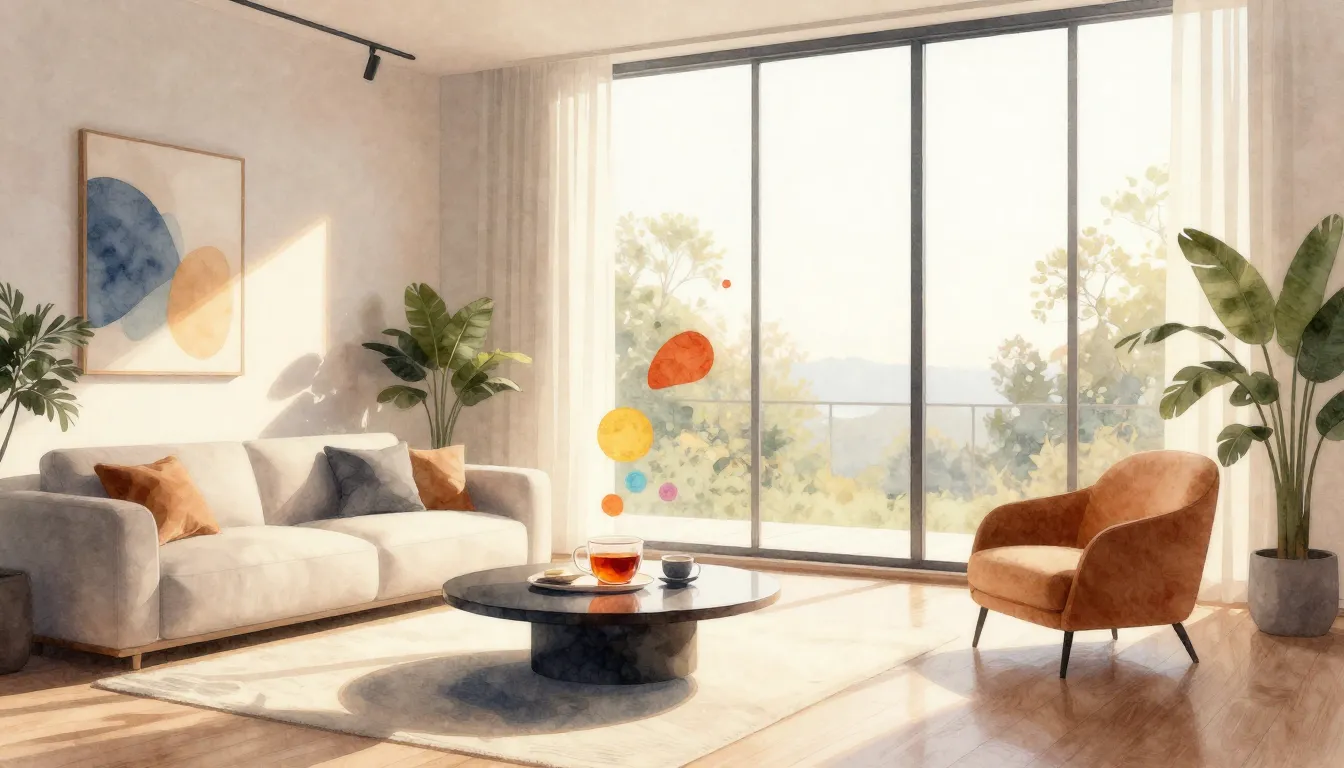 Watercolor style. Cozy modern interior with a large window, ...