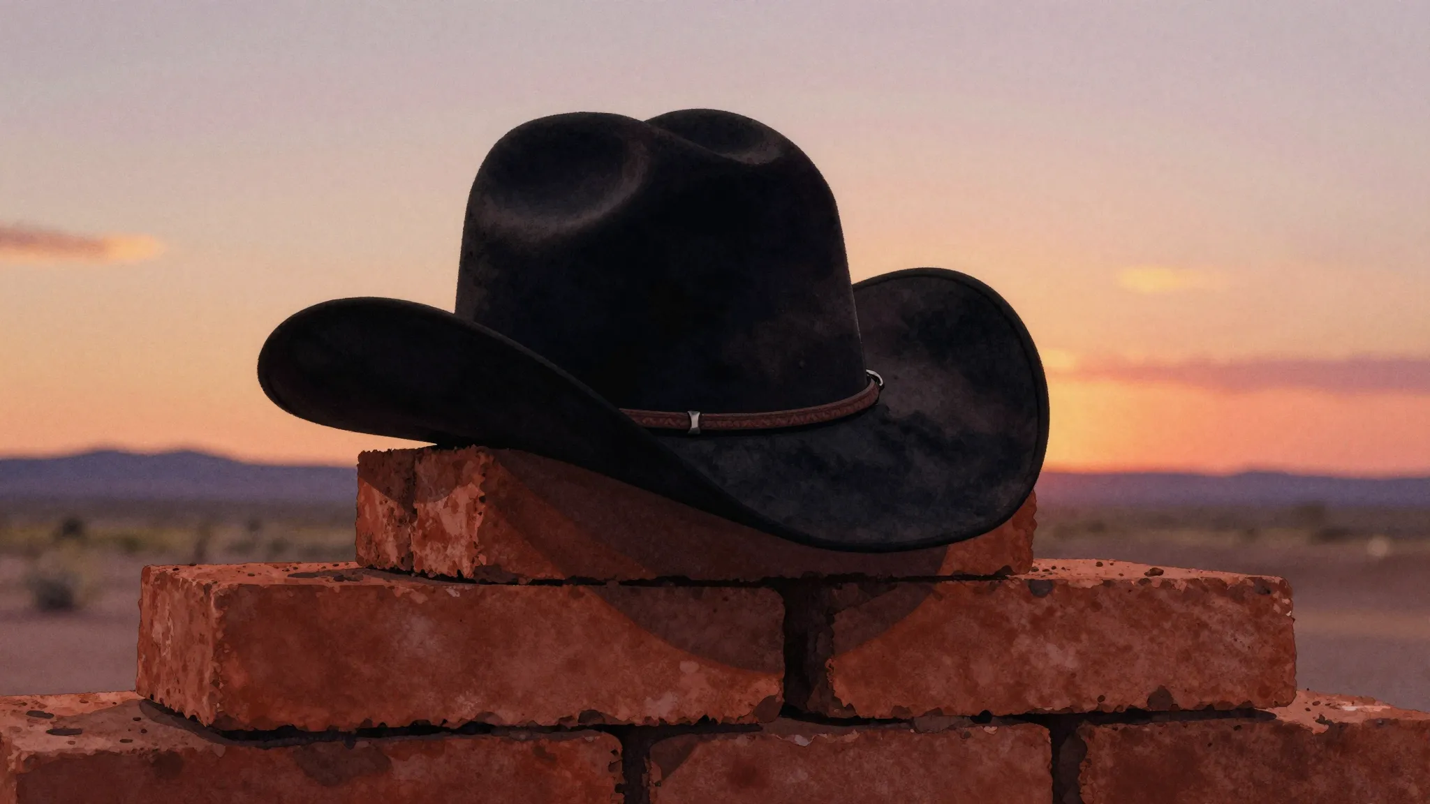 Watercolor style. Silhouette of a cowboy hat resting on a st...