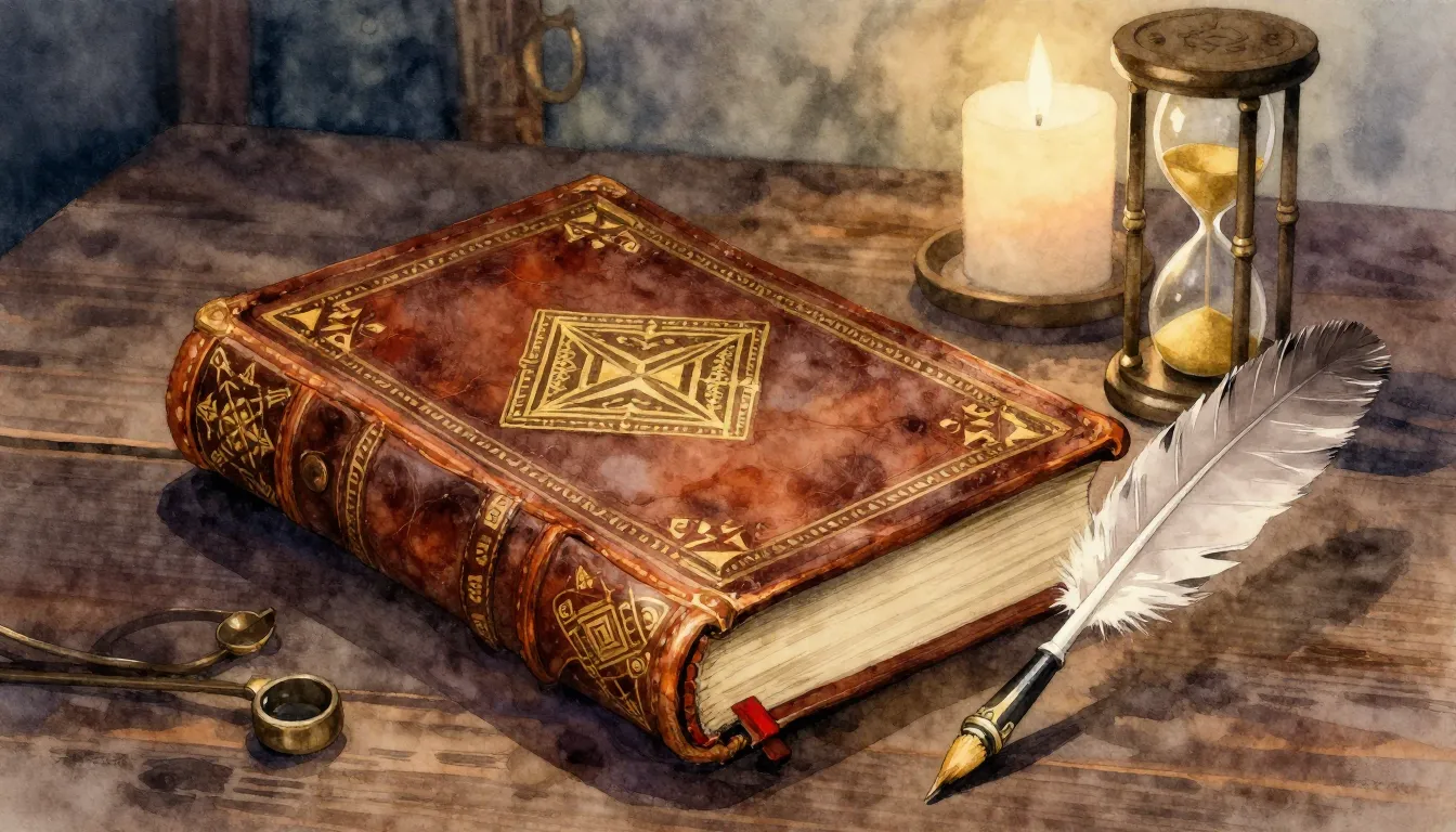 Watercolor style. An ancient leather-bound book with golden ...