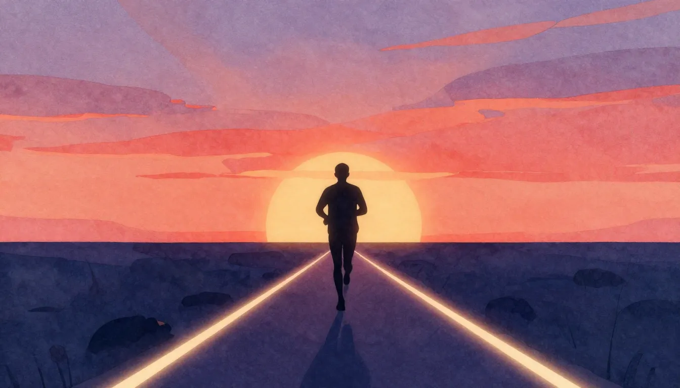 Watercolor style. A dark silhouette of a person running on a...