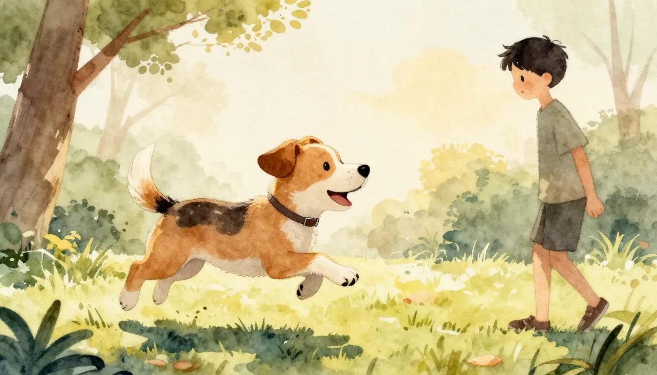 Watercolor style. A happy puppy wagging its tail, jumping to...