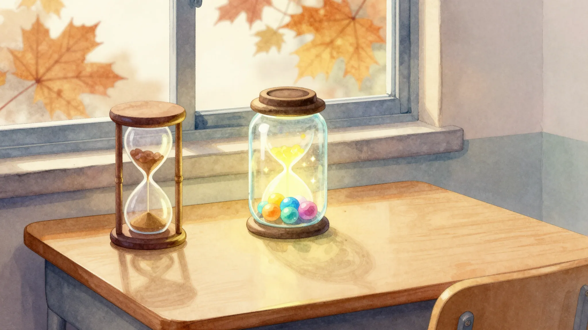 Watercolor style. A cozy school desk with a small hourglass,...