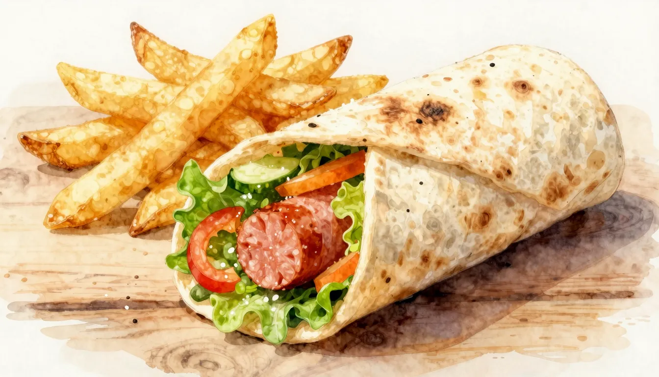 Watercolor style. Close-up of a pita wrap with sausage, frie...