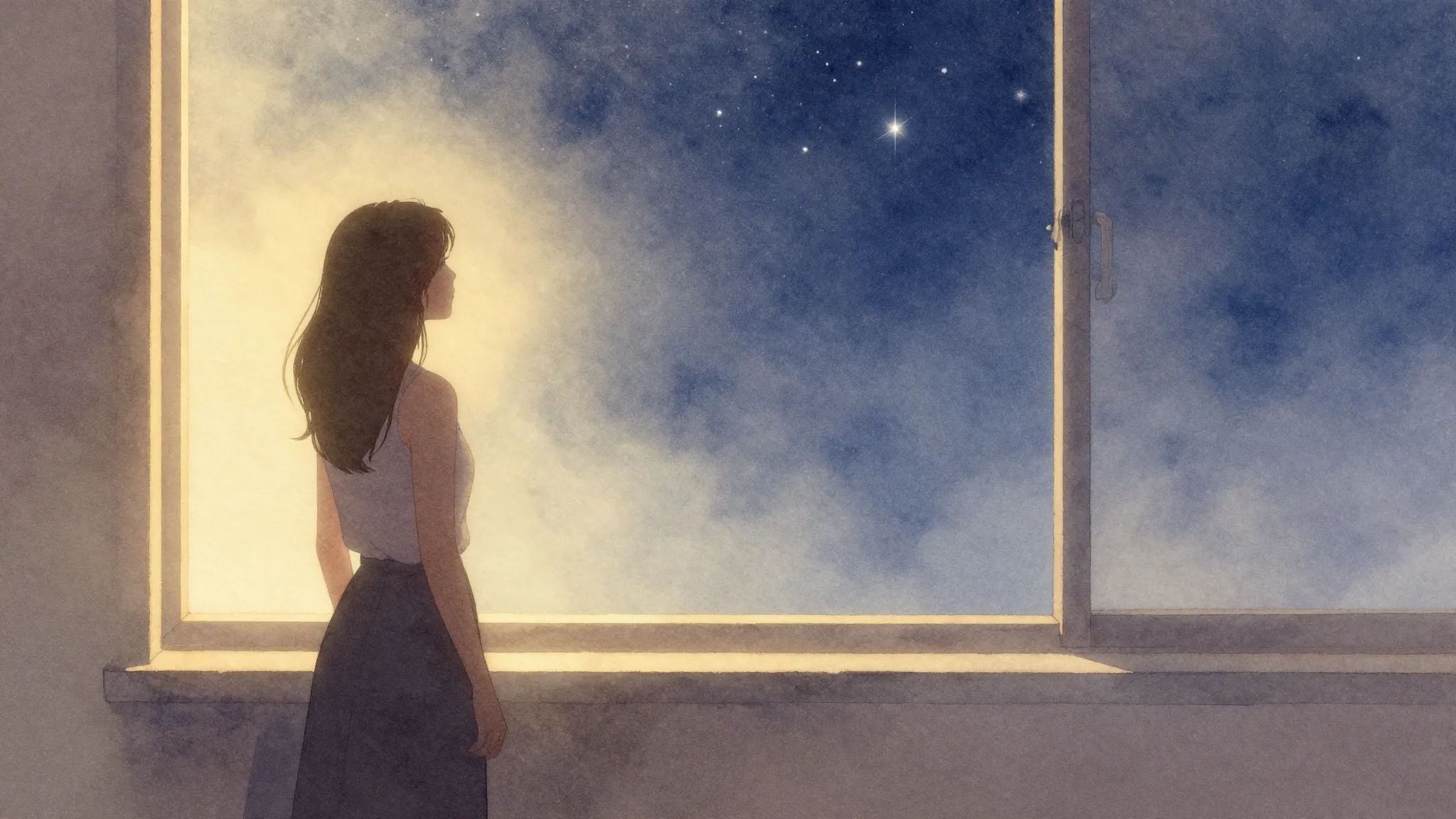 Watercolor style. A silhouette of a woman standing by a wind...