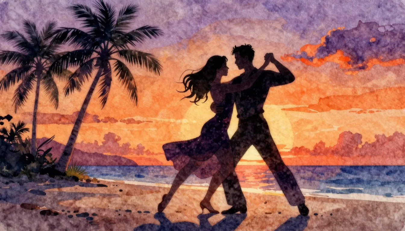 Watercolor style. Silhouette of a couple dancing salsa at su...