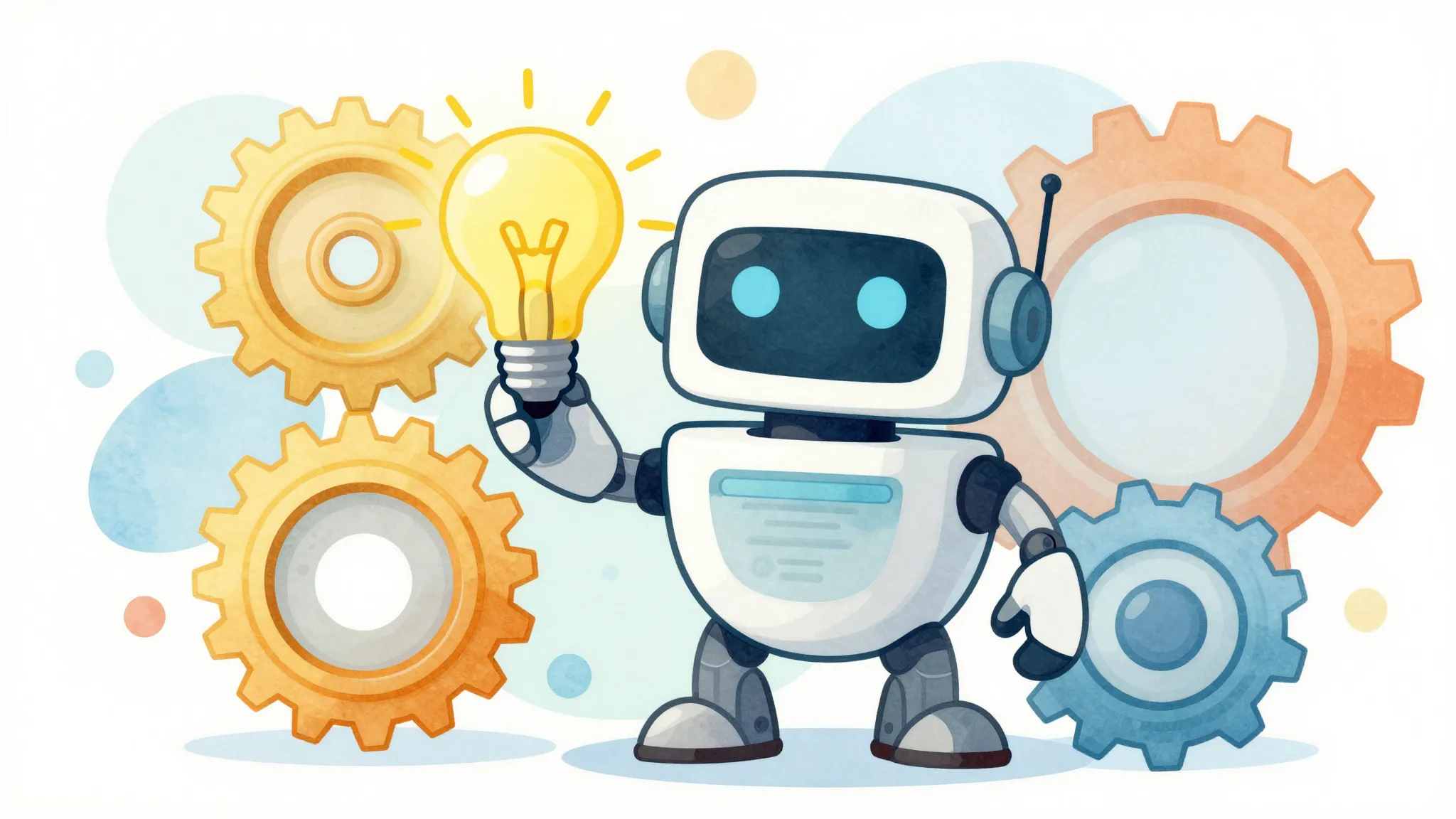 Watercolor style. A friendly robot mascot holding a pen and ...