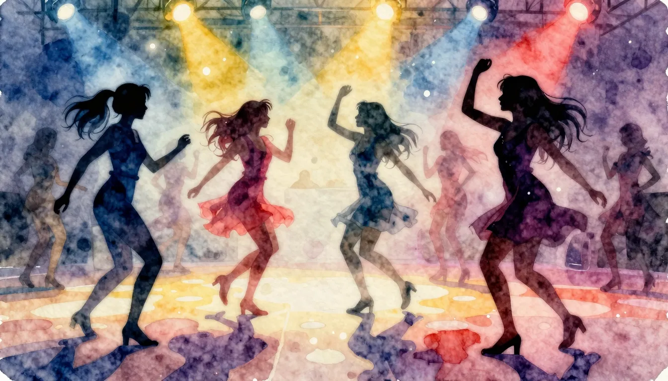 Watercolor style. A vibrant dance floor with silhouettes of ...