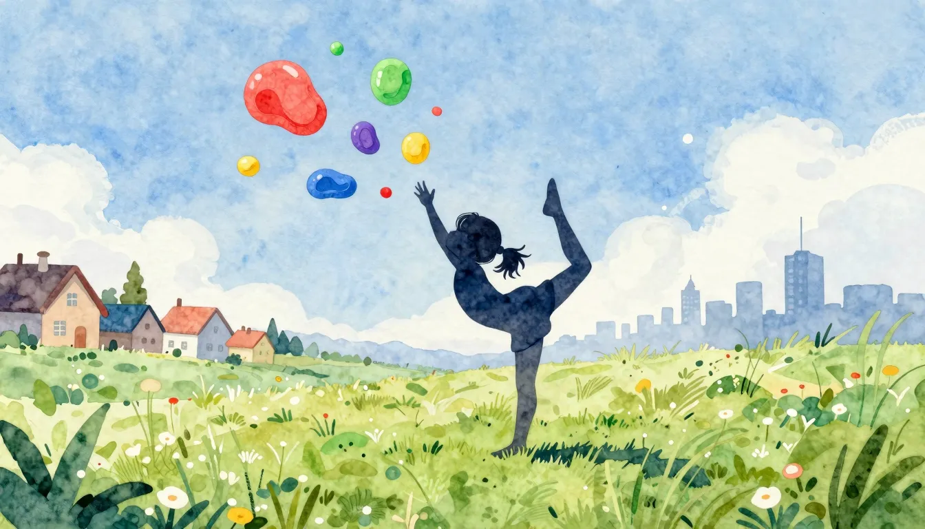 Watercolor style. A silhouette of a young girl doing a gymna...