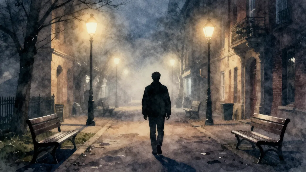 Watercolor style. A lonely silhouette of a man walking down ...