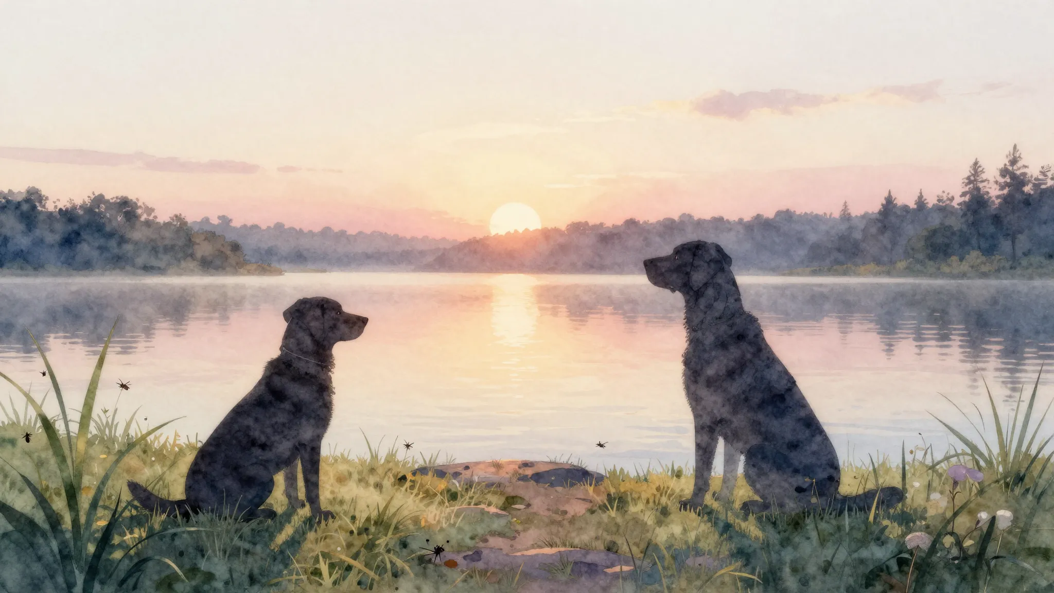 Watercolor style. A serene sunrise over a vast lake with a s...
