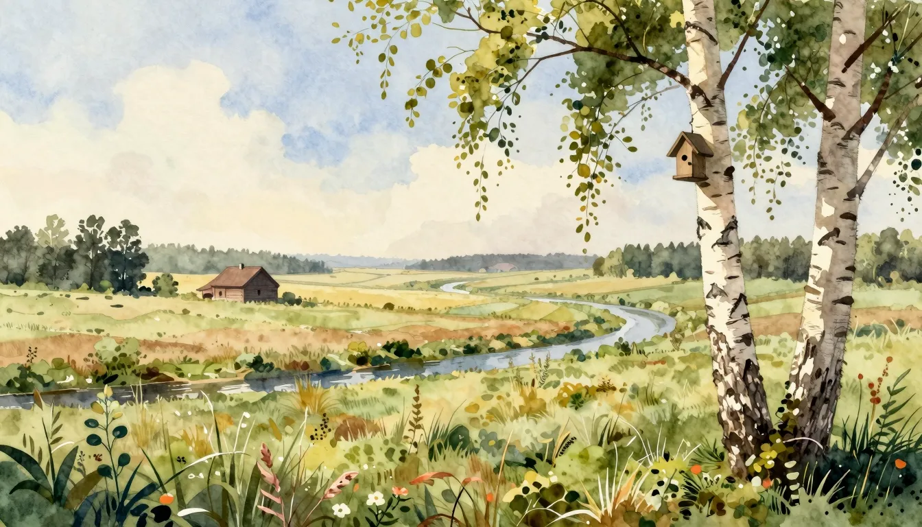 Watercolor style. A serene rural landscape with endless fiel...