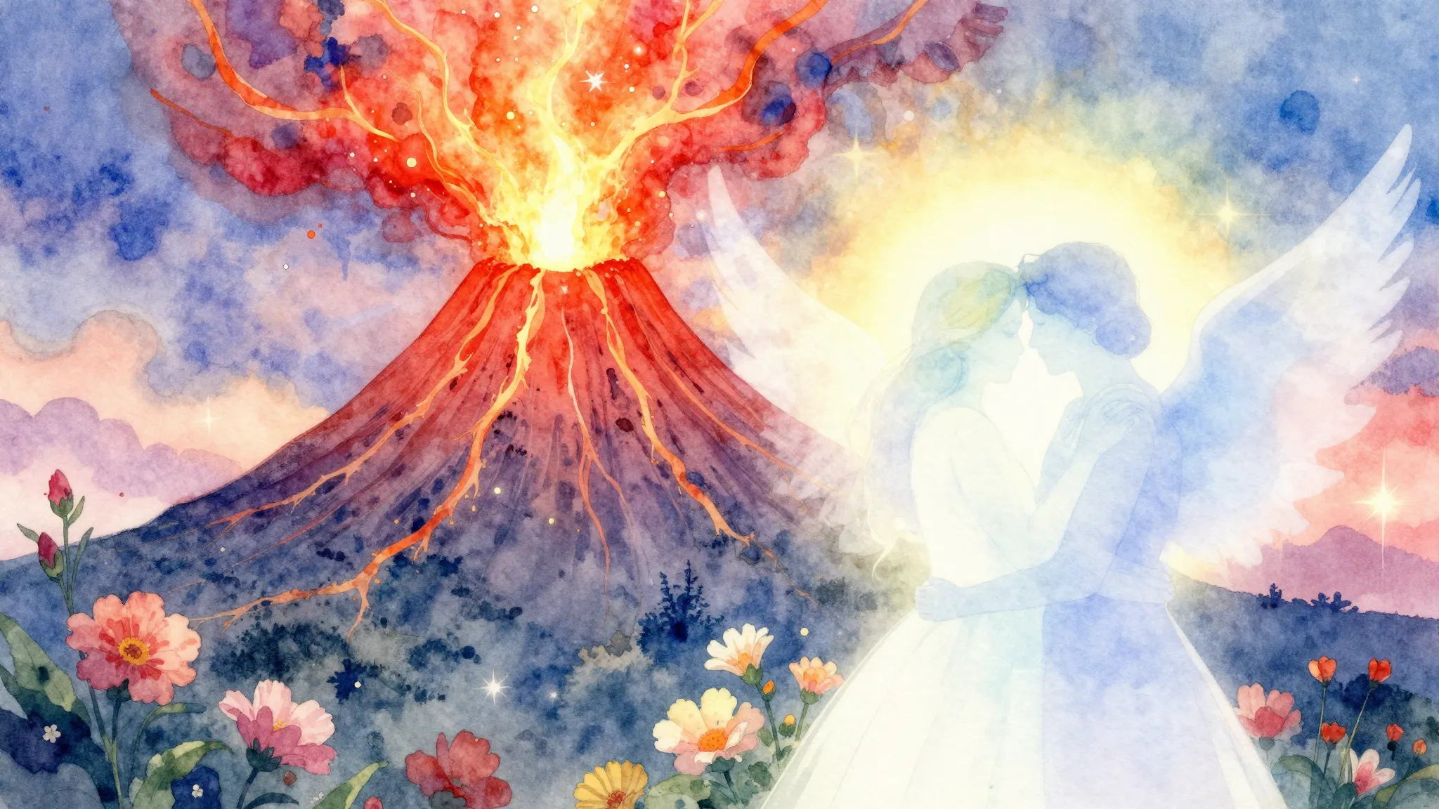 Vibrant watercolor style. Dramatic, emotional, orchestral po...