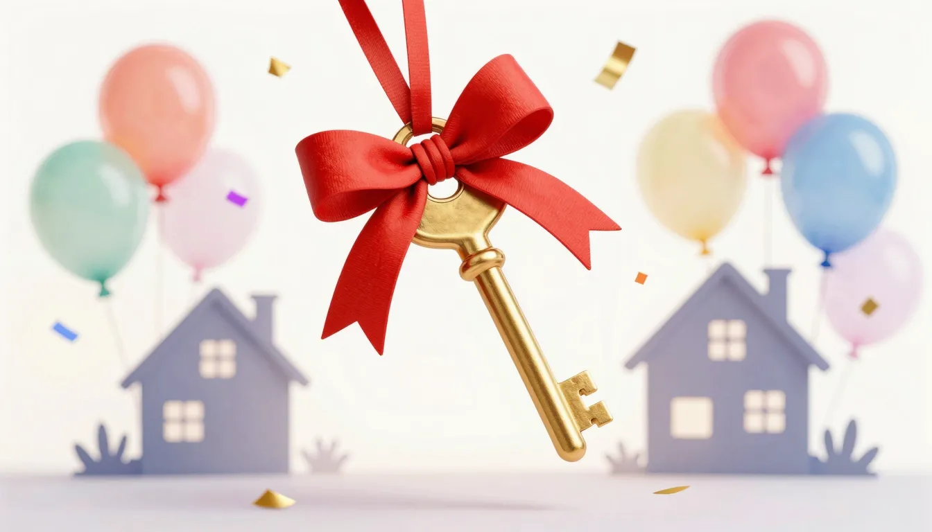 Watercolor style. A golden key tied with a festive red ribbo...