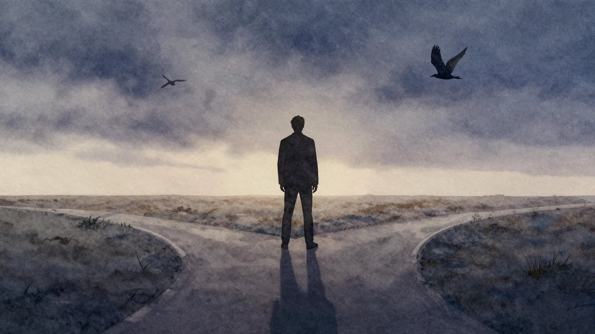 Watercolor style. A silhouette of a man standing at a crossr...