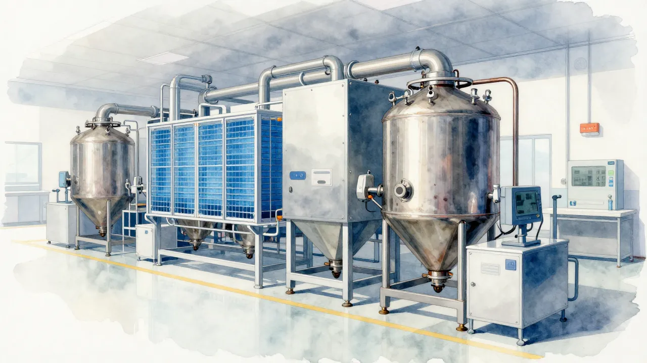 Watercolor style. Technical schematic of a modern food produ...