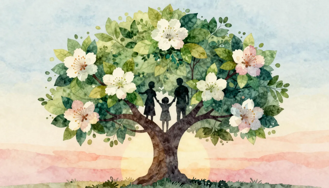 Watercolor style. A stylized silhouette of a large family tr...