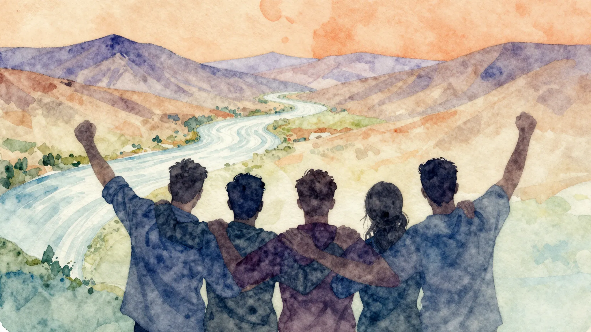Vibrant watercolor style. Armenian folk rock, brotherhood, u...