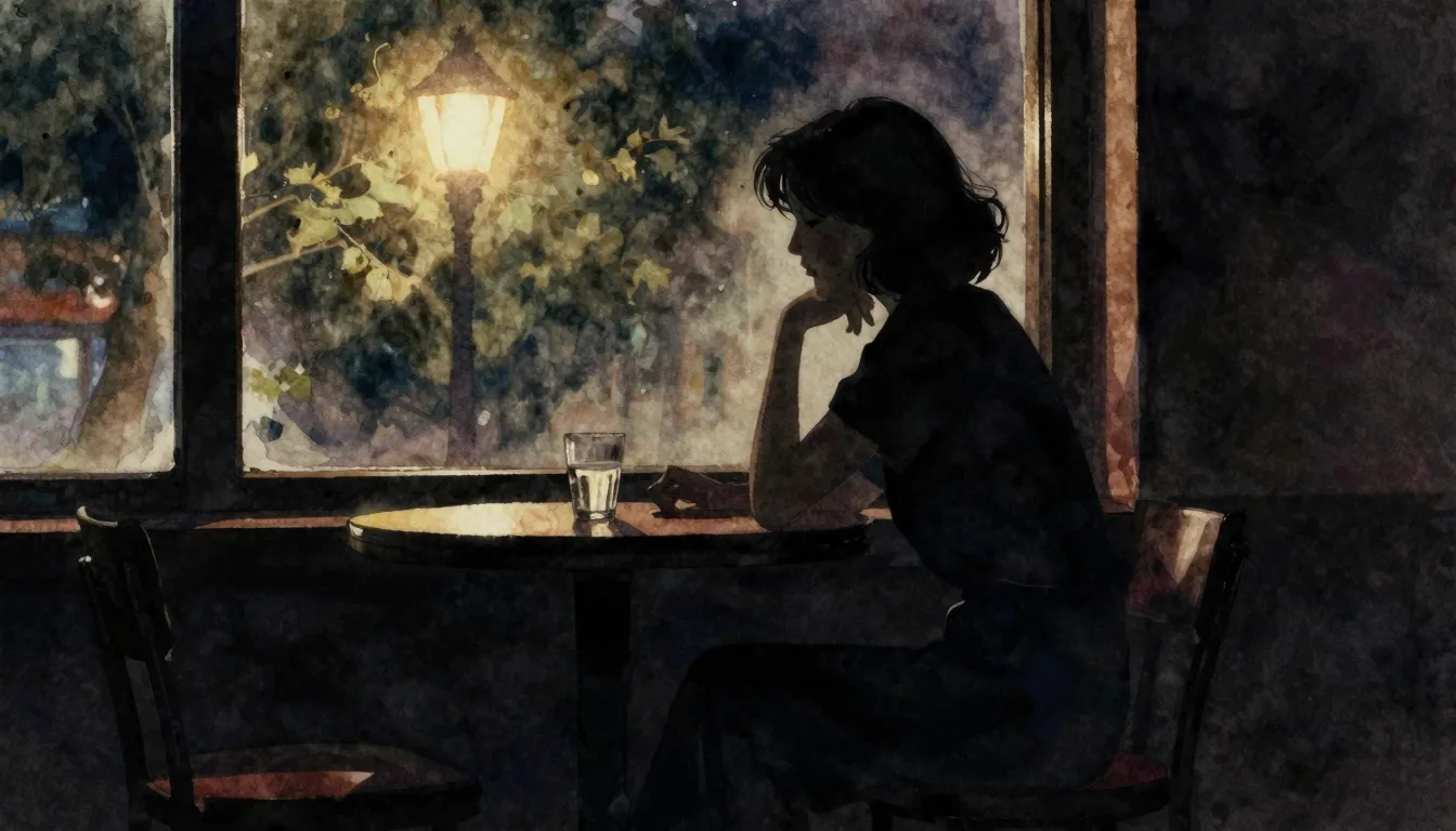 Watercolor style. A silhouette of a woman sitting alone at a...