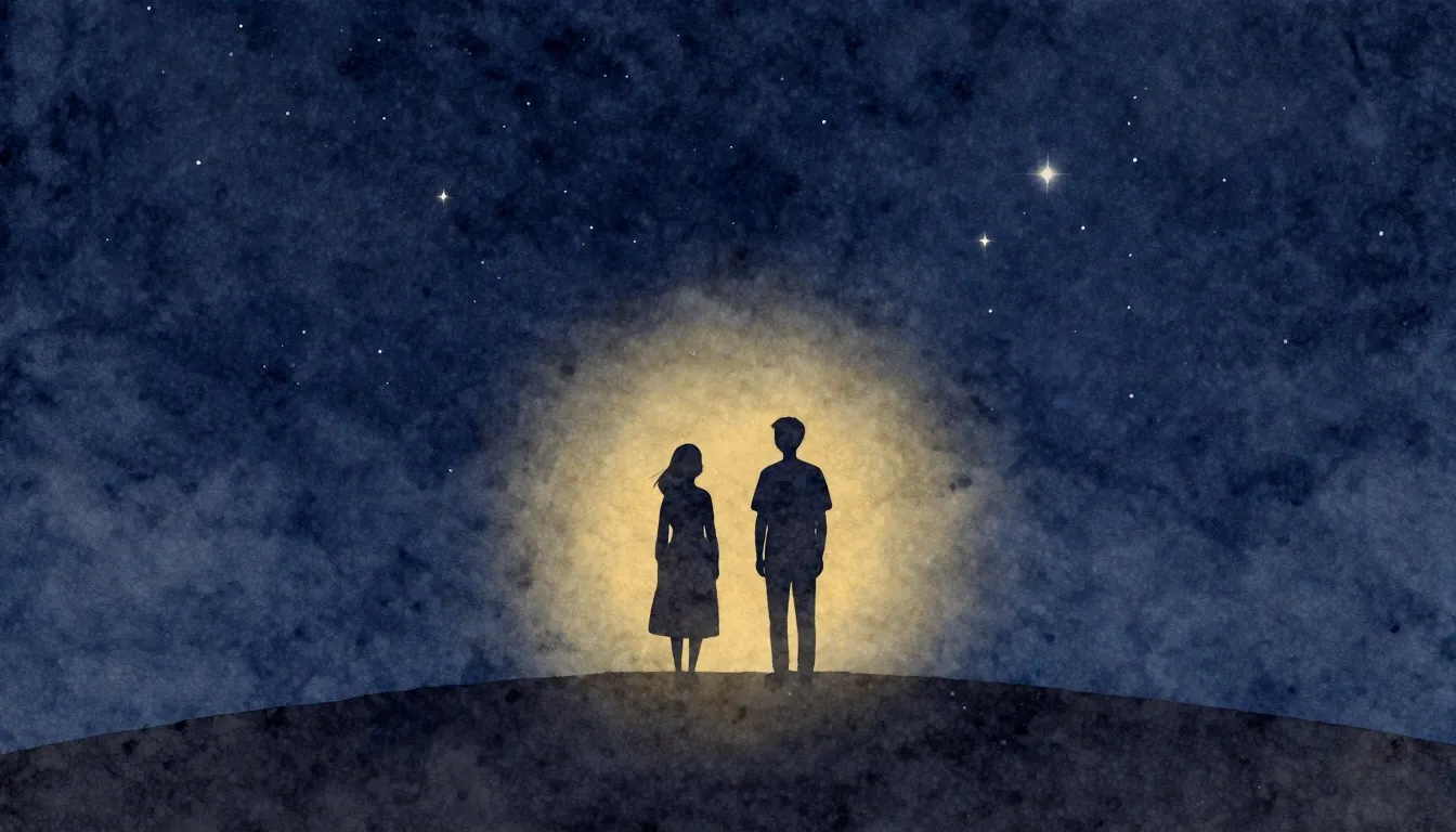 Watercolor style. A silhouette of two figures standing on a ...