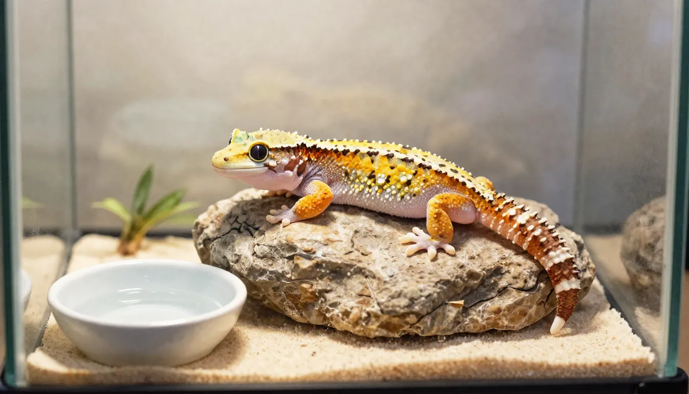 Watercolor style. A cute gecko resting on a textured rock hi...