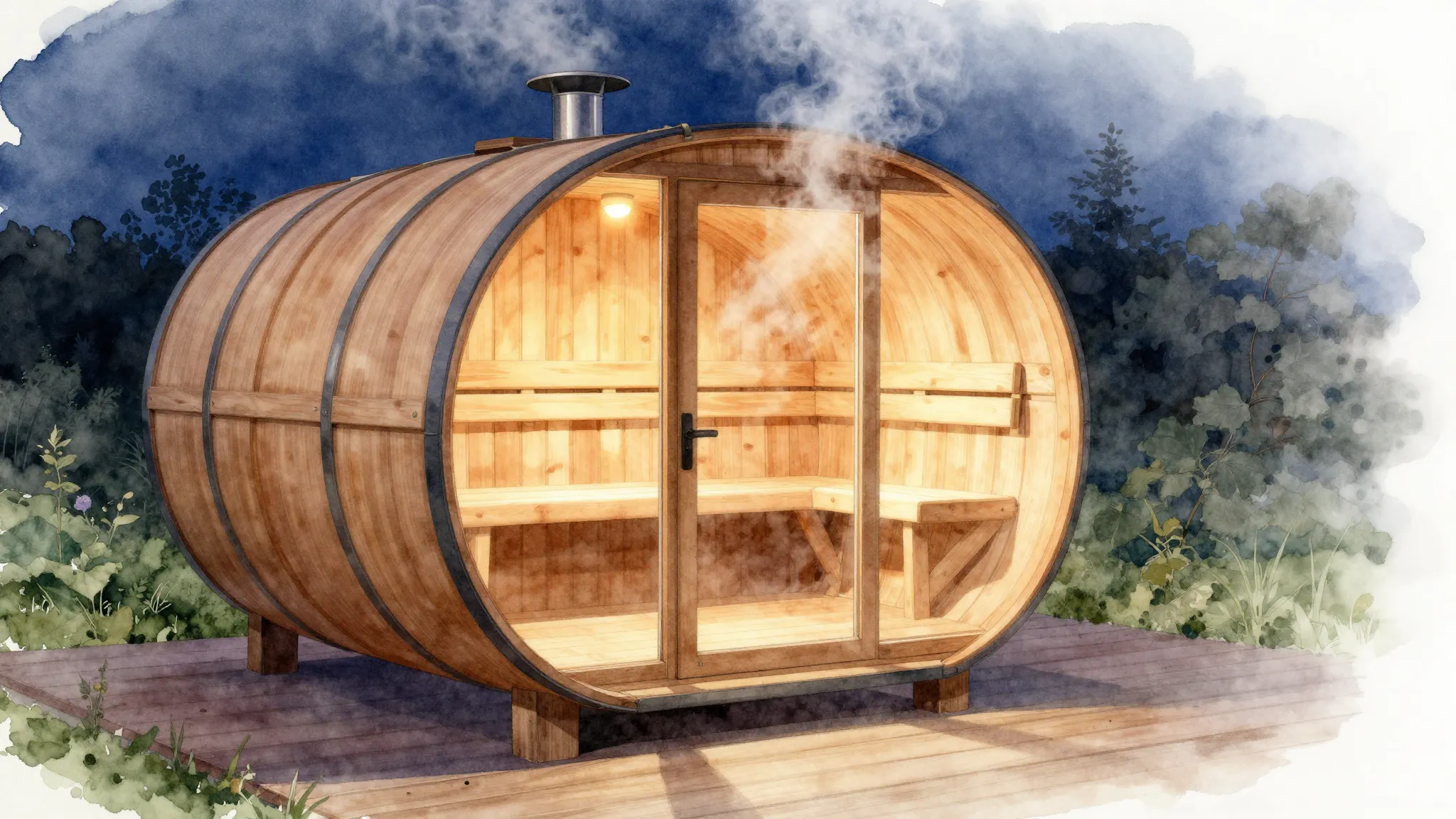 Watercolor style. A stylish 6x2 meter quadro barrel sauna at...