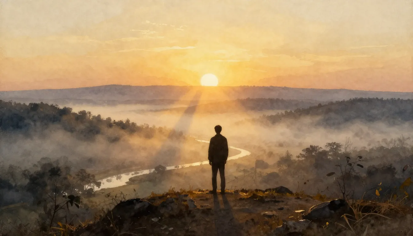 Watercolor style. A silhouette of a person standing on a hil...