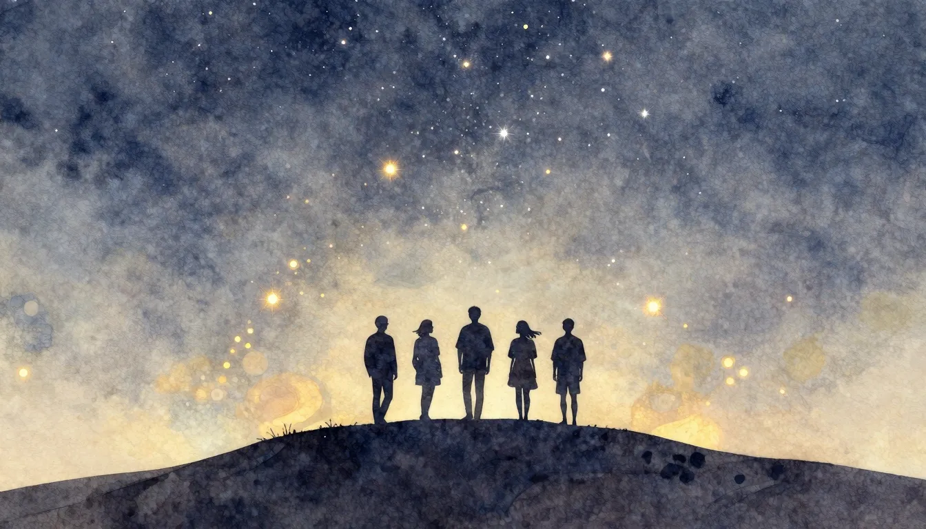 Watercolor style. Silhouettes of five friends standing on a ...