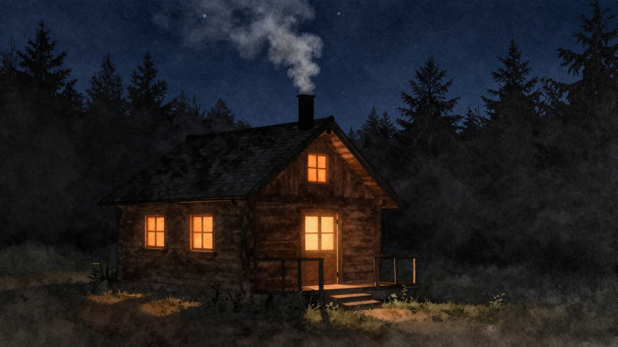 Watercolor style. A silhouette of a wooden cabin in a dark f...