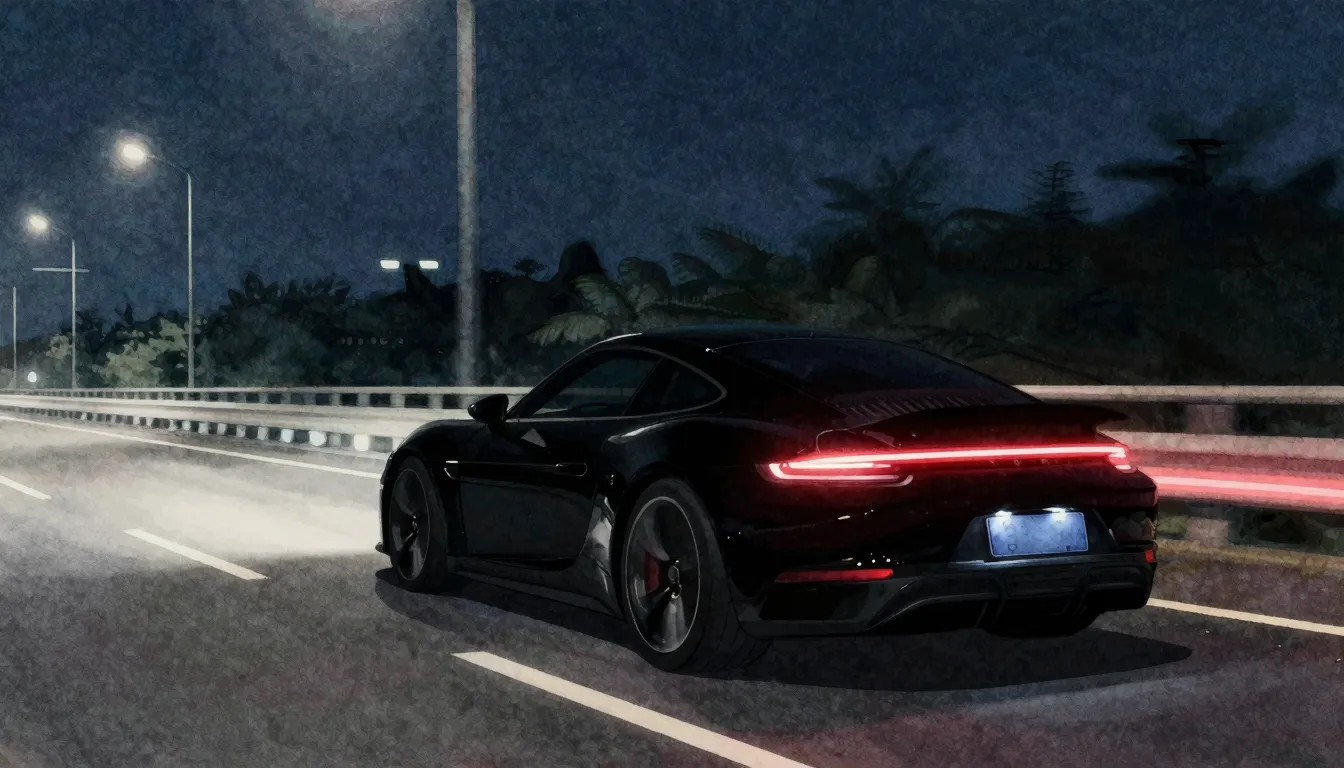 Watercolor style. A silhouette of a sleek black car speeding...