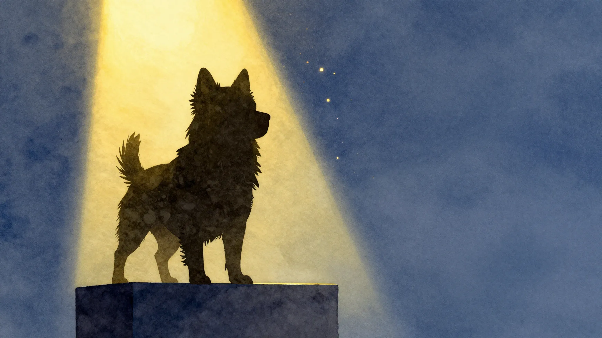 Watercolor style. Silhouette of a fluffy dog standing on a p...