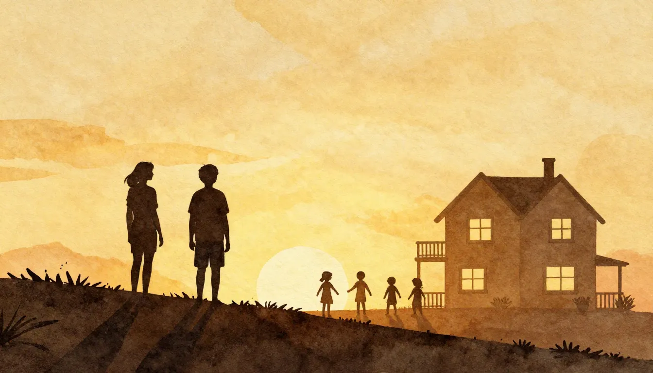 Watercolor style. A silhouette of a couple standing on a hil...