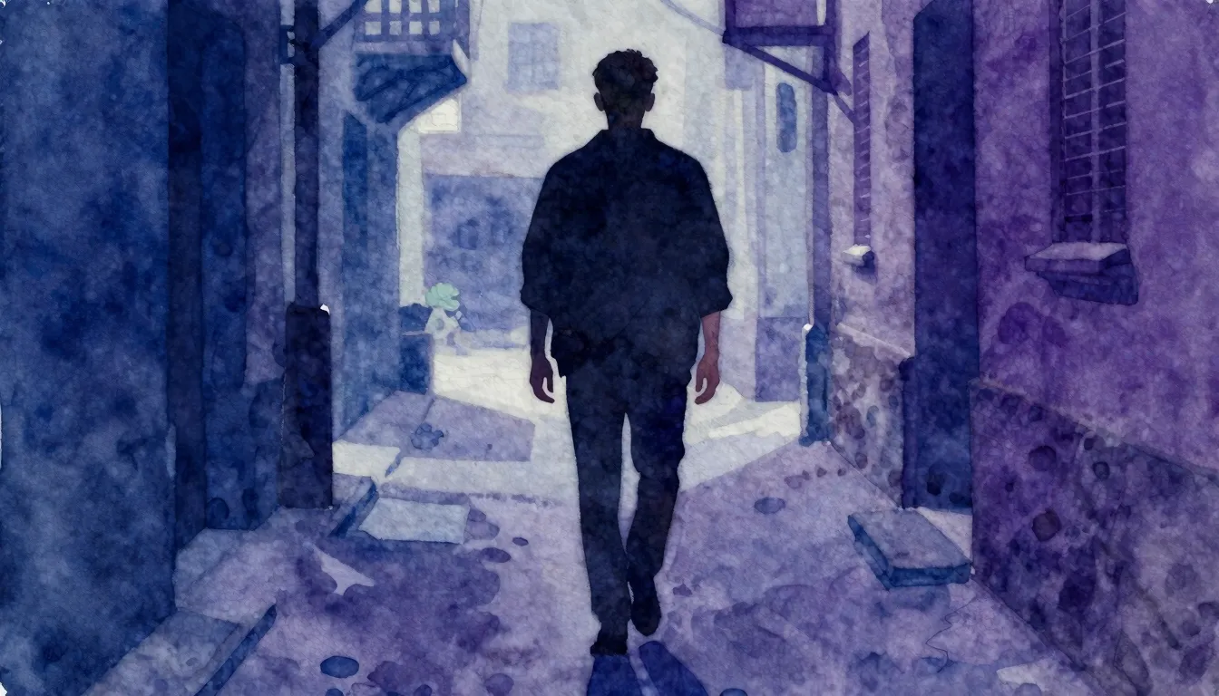 Watercolor style. A dark silhouette of a person walking conf...